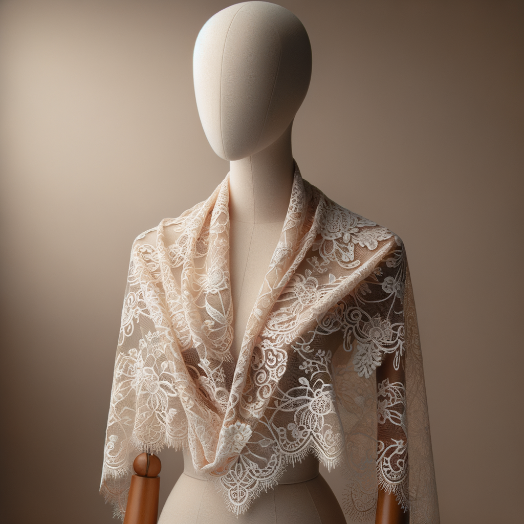 Elegant lace shawl wrap styled on a mannequin, showcasing elegant shawl designs and versatility as an evening accent shawl accessory for women's evening attire.