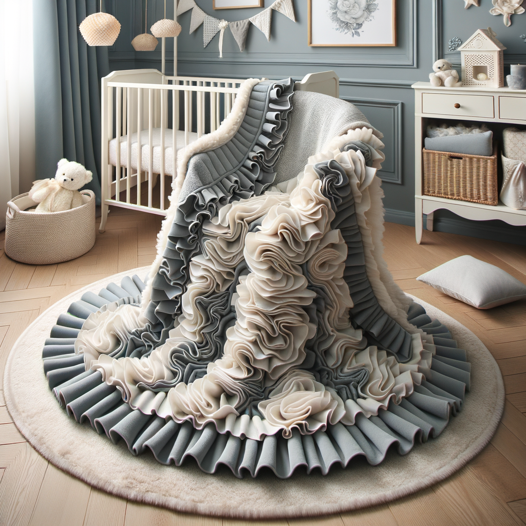 Handmade luxury ruffled edge blanket as a delicate nursery accent, enhancing baby room decor with its unique baby blanket design, a soft essential piece of nursery bedding and a sought-after designer nursery decor accessory.