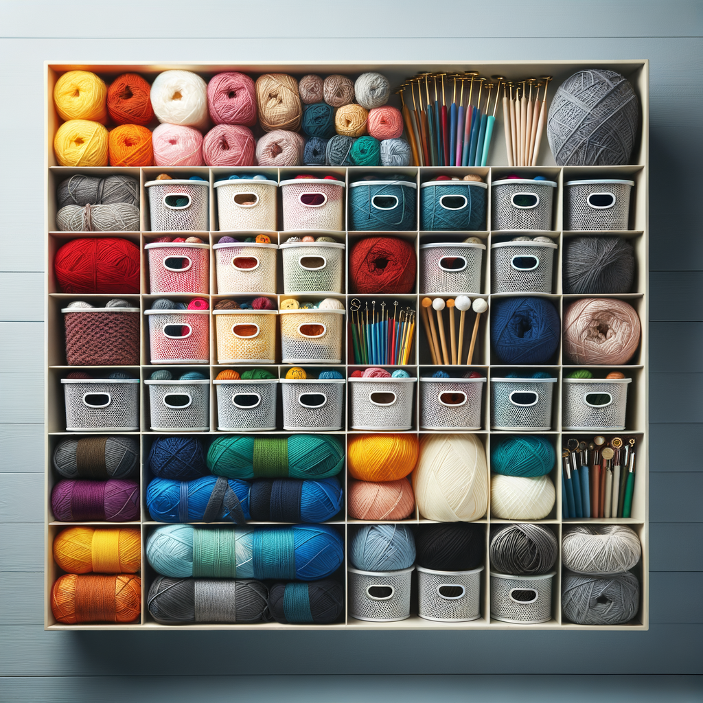 Colorful yarn ends neatly organized in bobbin keepers, demonstrating tidy yarn storage and knitting organization with essential crocheting supplies like yarn bobbins and yarn end keepers.