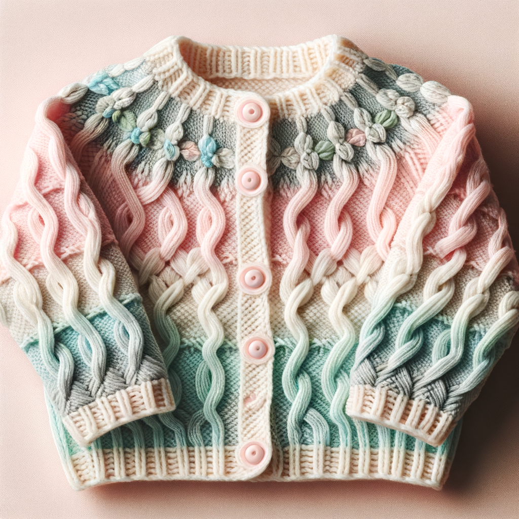 Adorable cabled baby cardigan in soft pastel colors, perfect example of comfortable and stylish infant wear, showcasing intricate knitting details in baby clothing, ideal for newborns and infants.