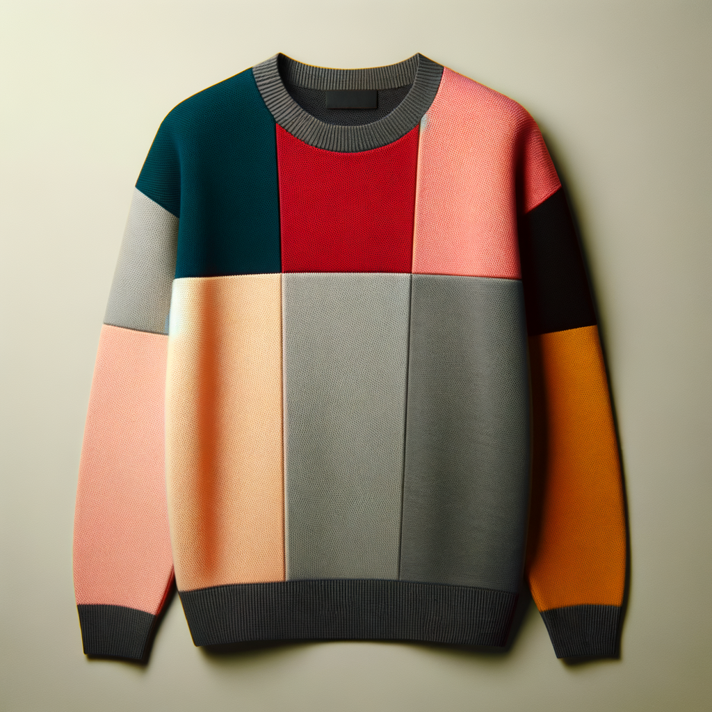 Stylish color block sweater, a modern wardrobe essential and winter fashion trend, displayed against a minimalist background, highlighting the popularity of color blocking in modern fashion trends.