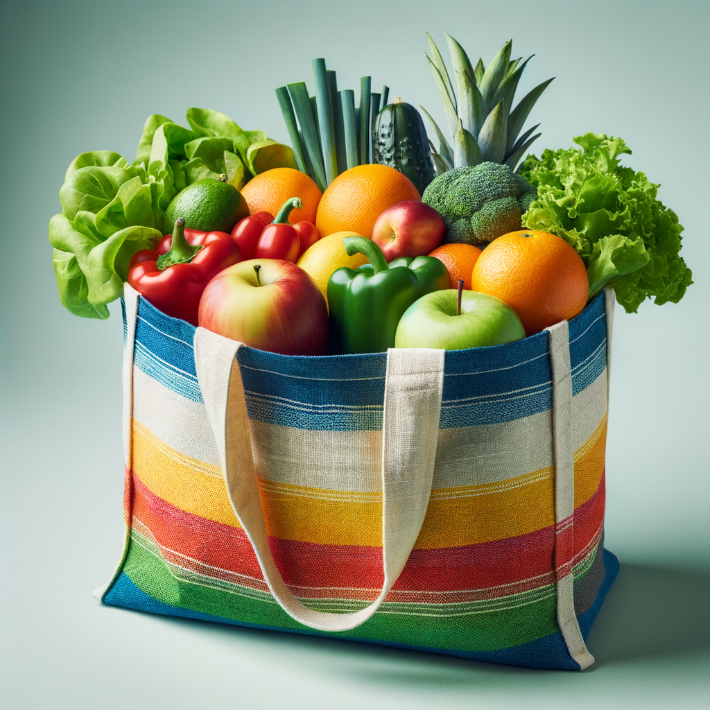 Colorful eco-friendly market bag filled with fresh produce, symbolizing its role as a sustainable shopping companion and reusable green shopping bag.