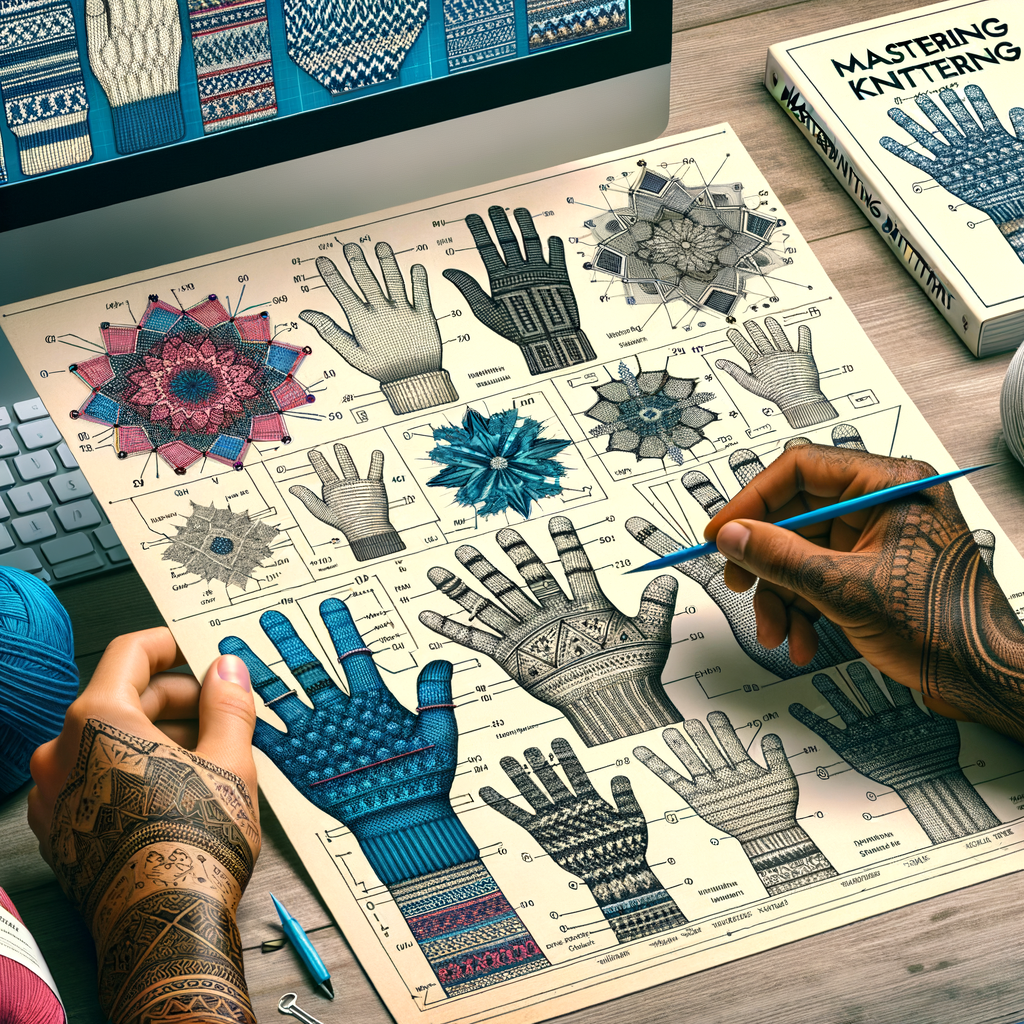 Hands holding a detailed knitting blueprint with labeled schematics, a 'Mastering Knitting Patterns' guidebook, and a computer screen displaying a knitting blueprint tutorial for understanding and decoding knitting patterns.