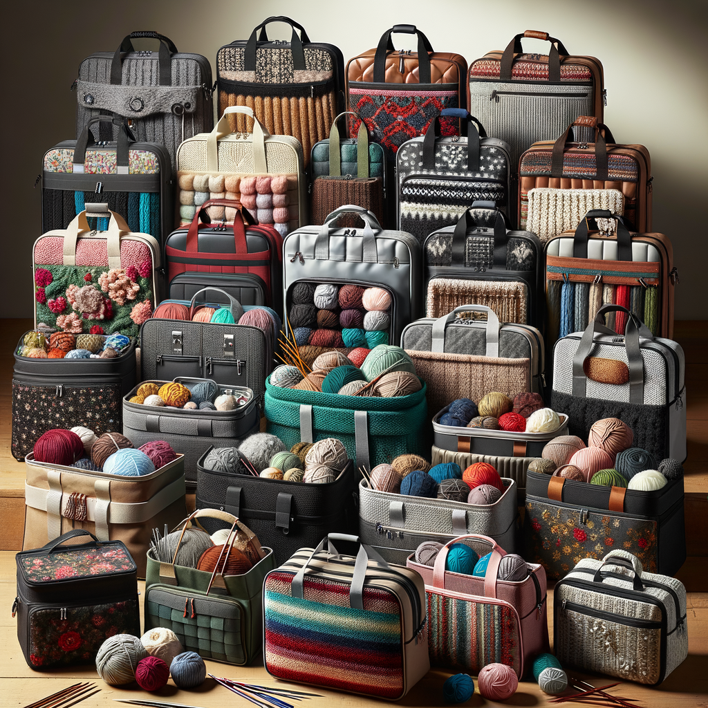 Assortment of best knitting project bags in various designs and colors, filled with knitting creations, illustrating comfortable and portable knitting storage solutions.