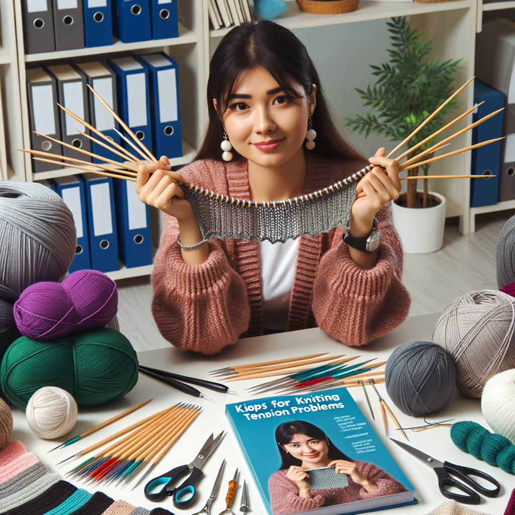 Professional knitter demonstrating techniques to tame knitting tension issues for achieving consistent knits, with various tools and a guidebook for knitting tension solutions spread on the table.