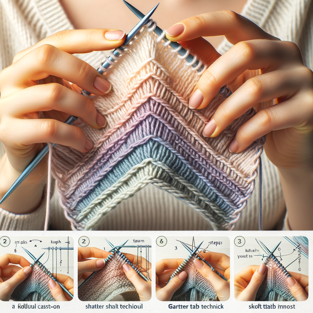 Hands demonstrating Garter Tab Cast-On Technique for perfect starts on triangular shawls knitting, featuring a step-by-step knitting tutorial and various shawl cast-on methods.
