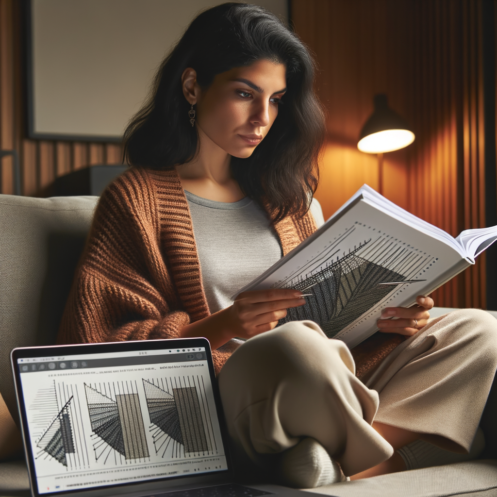 Focused woman confidently reading complex knitting charts from a guidebook, demonstrating mastery in understanding knitting patterns, with a digital knitting charts tutorial on a laptop nearby.