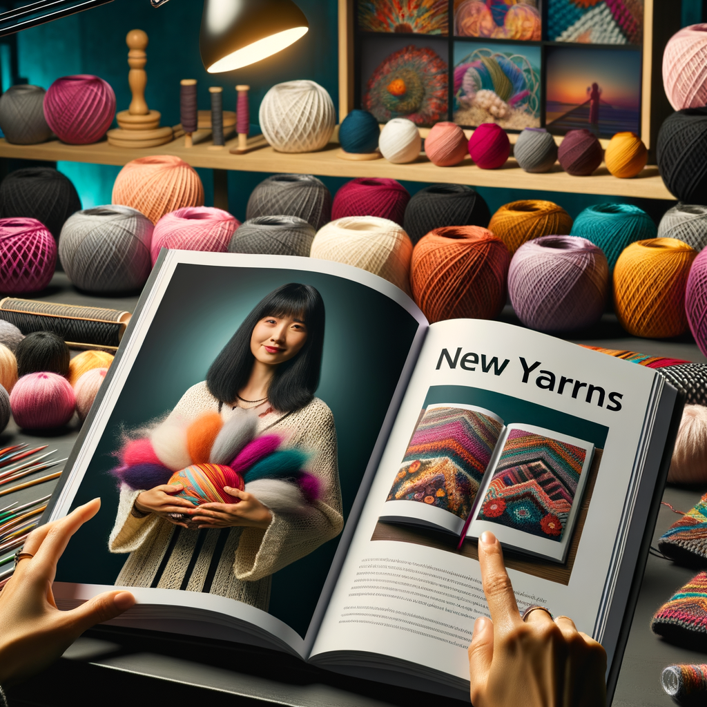 Professional demonstrating yarn working techniques with new, colorful yarns, providing tips for handling unfamiliar fibers and a guide to new yarns introduction
