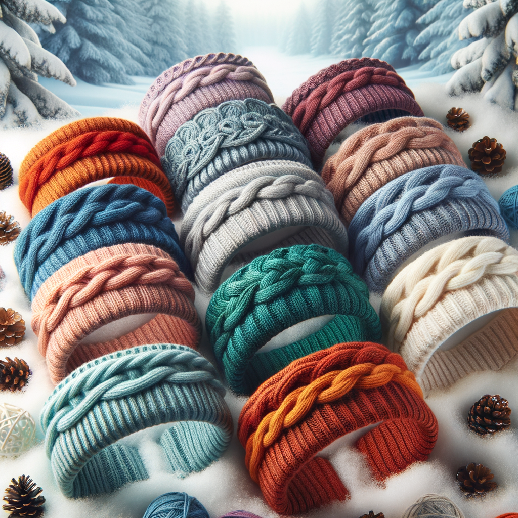 Cable knit headbands in various colors, stylish winter accessories displayed against a snowy backdrop, highlighting the warmth and versatility of knitted winter fashion accessories.