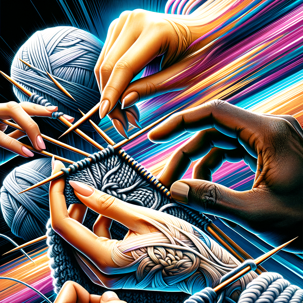 Hands demonstrating advanced knitting techniques like speed stitching and cable-free knitting for efficient and fast knitting methods, highlighting the absence of a cable needle.