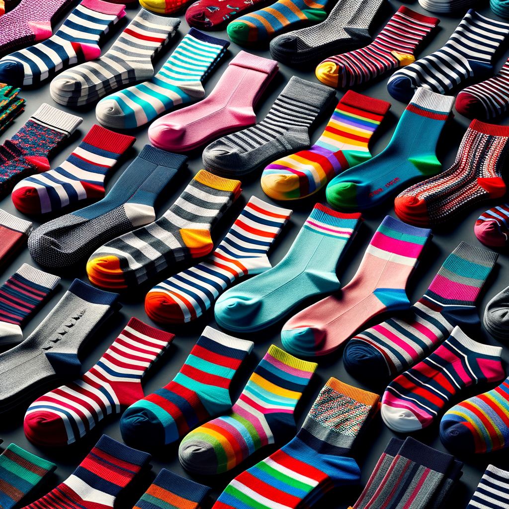 High-quality, fashionable striped socks in a variety of colors and designs, showcasing the fun and functional footwear trend, emphasizing the comfort and unique style of colorful striped socks.