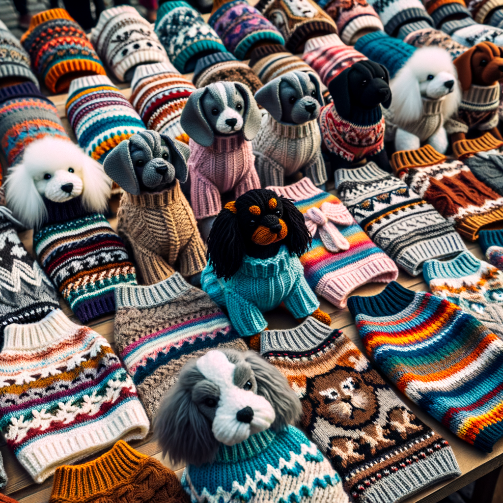 Assortment of handmade knitted doggie sweaters in various colors and patterns, showcasing fashionable dog apparel and DIY knitting patterns for stylish Fido sweaters.