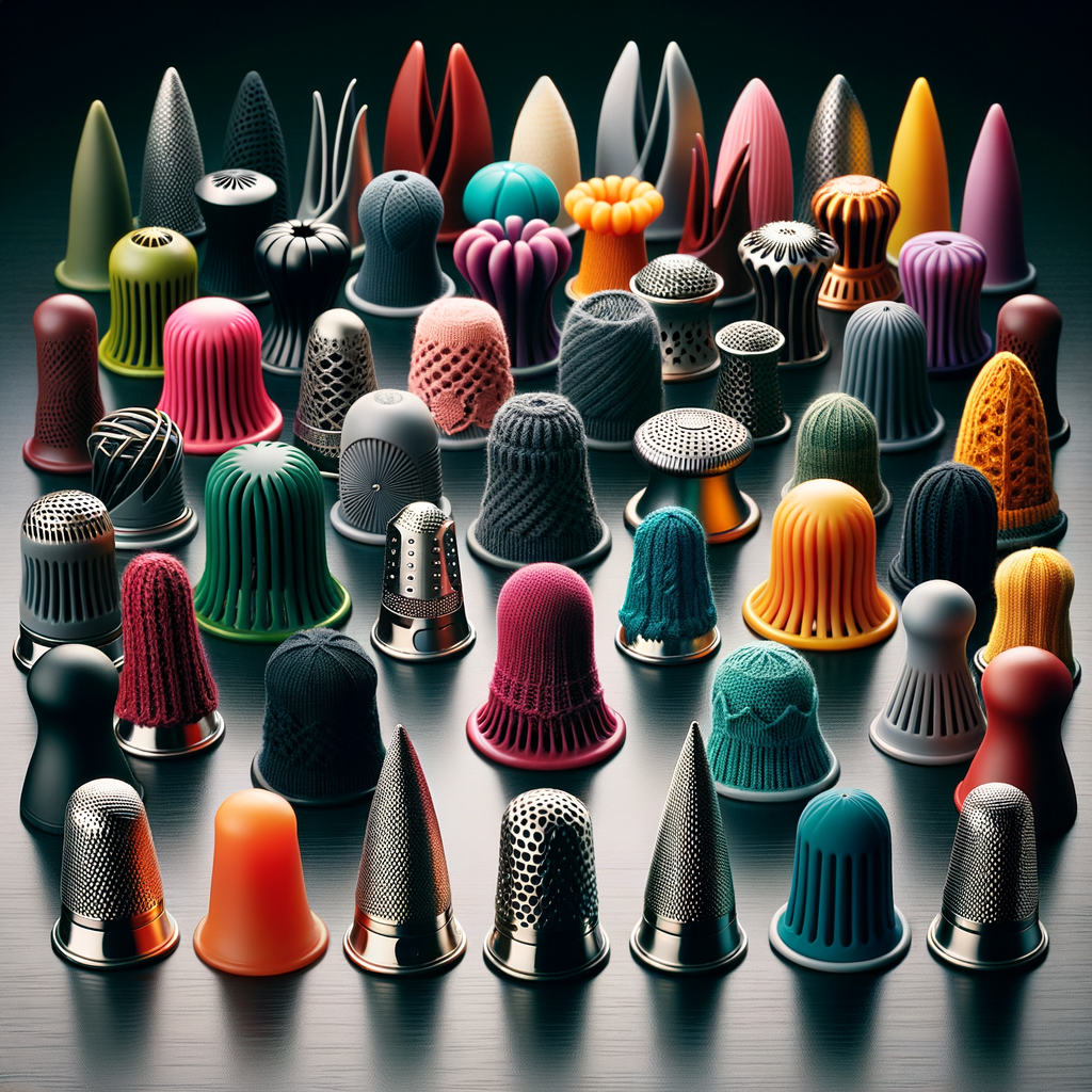 Assortment of stylish and ergonomic knitting thimbles in various colors, providing finger protection and comfort for knitters, displayed on a wooden table.