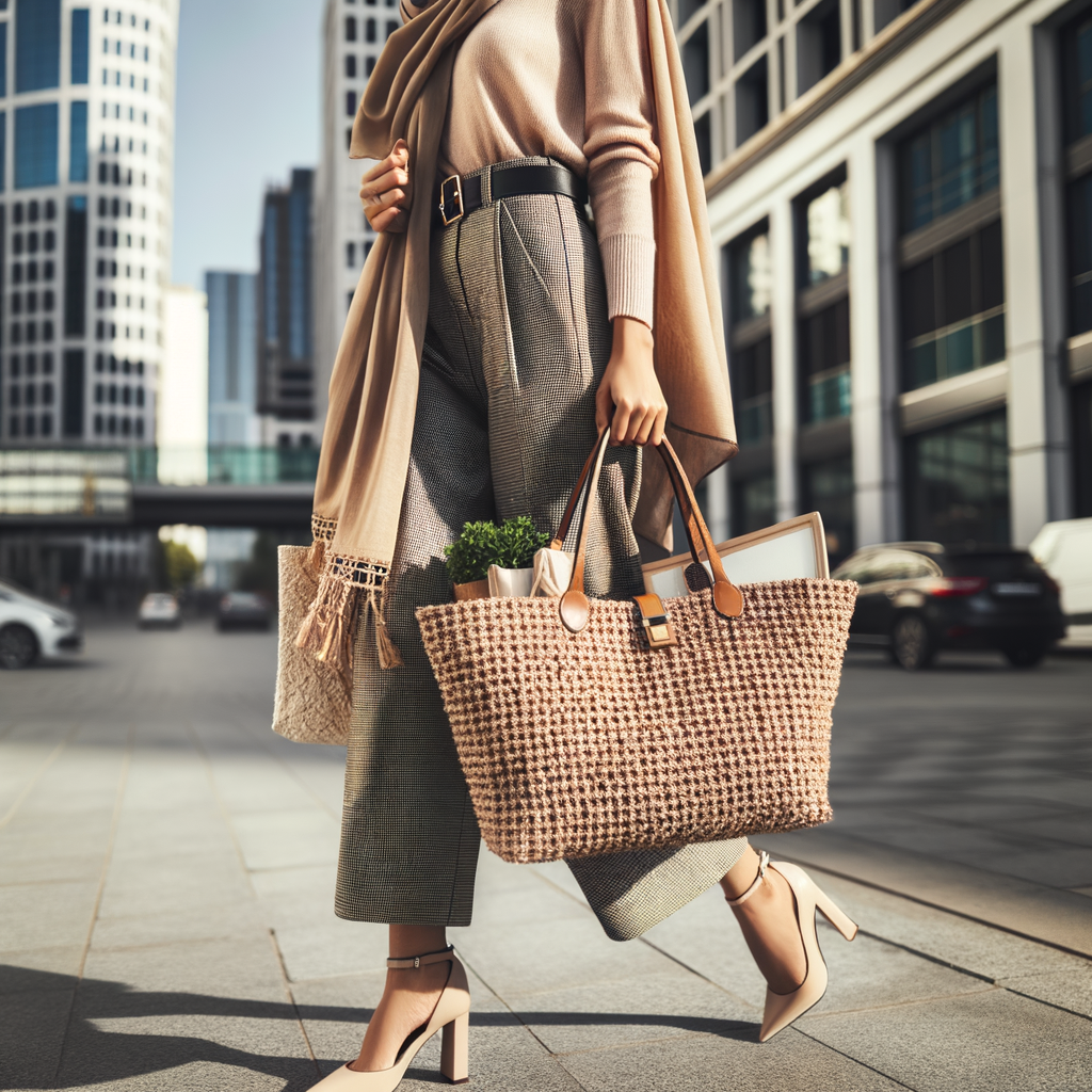 Fashionable woman carrying stylish textured tote bag filled with essentials, showcasing trendy tote bag styles and practicality for carrying essentials in style.