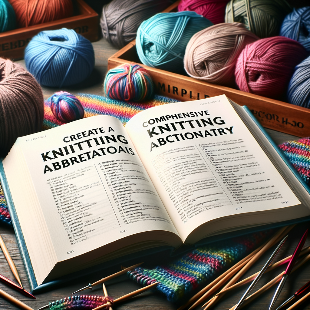 Comprehensive knitting abbreviations dictionary open on a table with colorful yarns and needles, providing a handy knitting guide for understanding knitting abbreviations explained.
