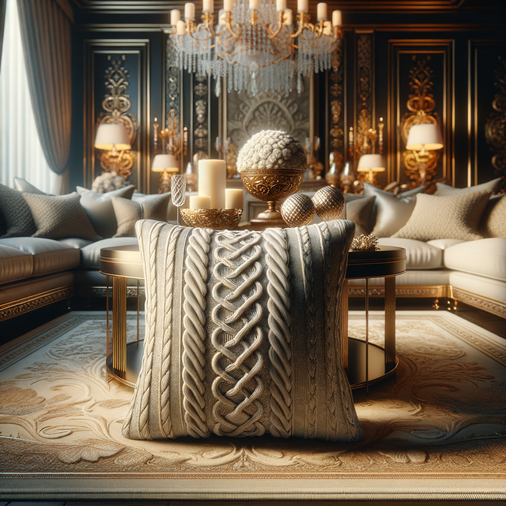 Cable knit throw pillow adding luxury to living room decor, highlighting the intricate knit pillow design among other high-end living room accessories.