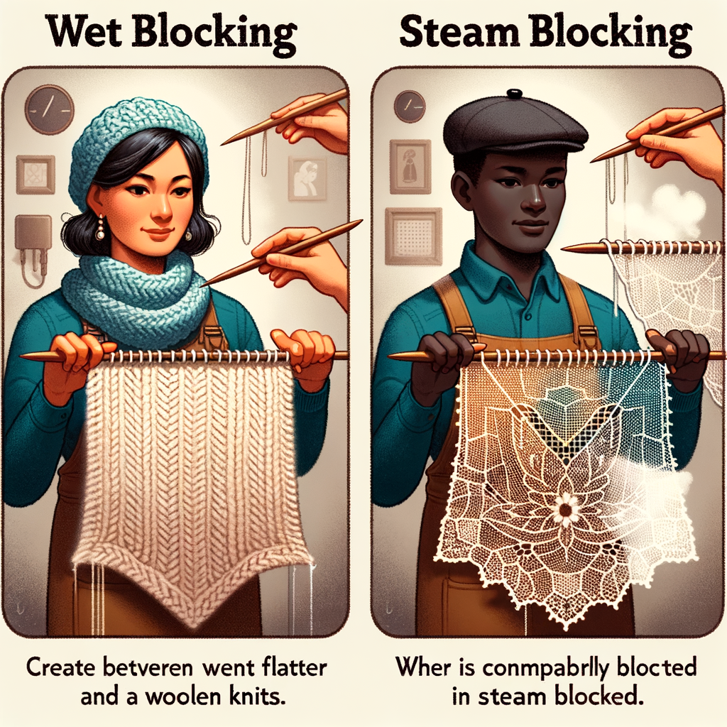 Knitter comparing wet blocking and steam blocking techniques, showcasing the best method for different knitting projects and highlighting the advantages of each for choosing the right blocking method.