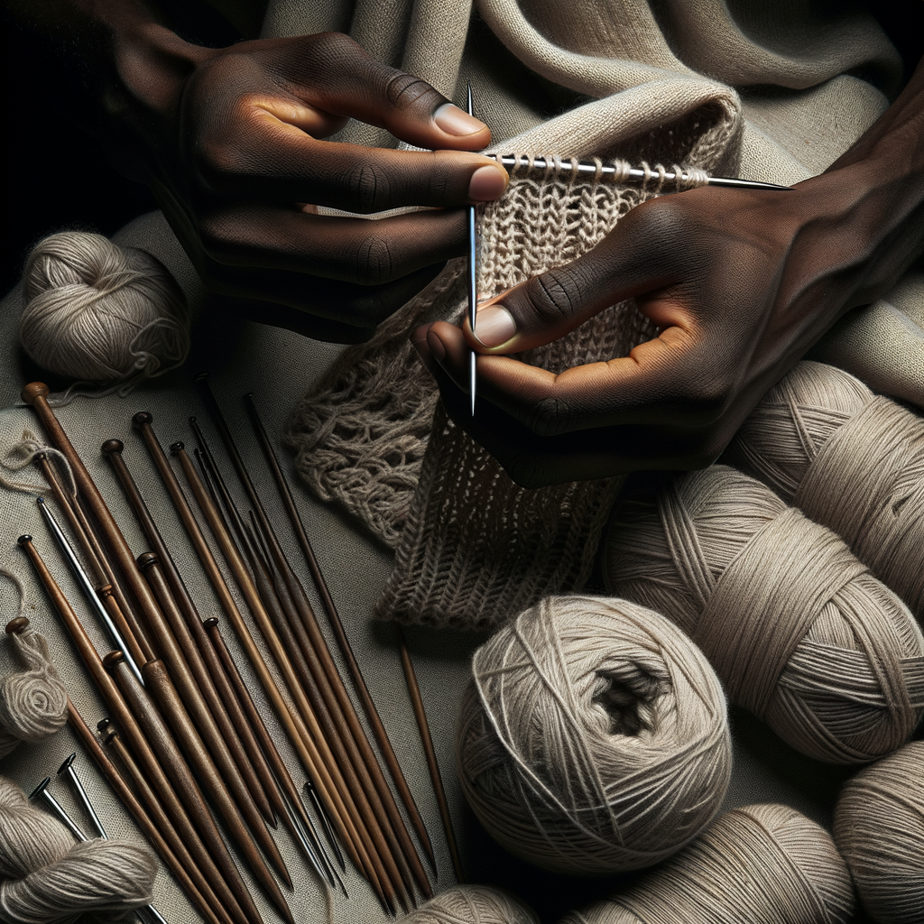 Hands knitting with natural-colored linen yarn, surrounded by tools and a partially completed scarf, illustrating tips for knitting with linen yarn.