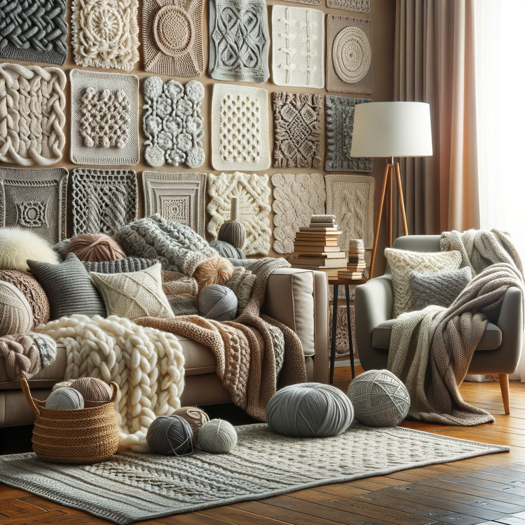 Cozy, modern living room with beautifully knitted blankets showcasing various knitting patterns, perfect for 'The Best Knitting Patterns for Blankets' article.